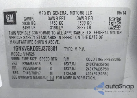 2014 Chevrolet Traverse 1Lt from USA, damaged, VIN 1GNKVGKD5EJ375801